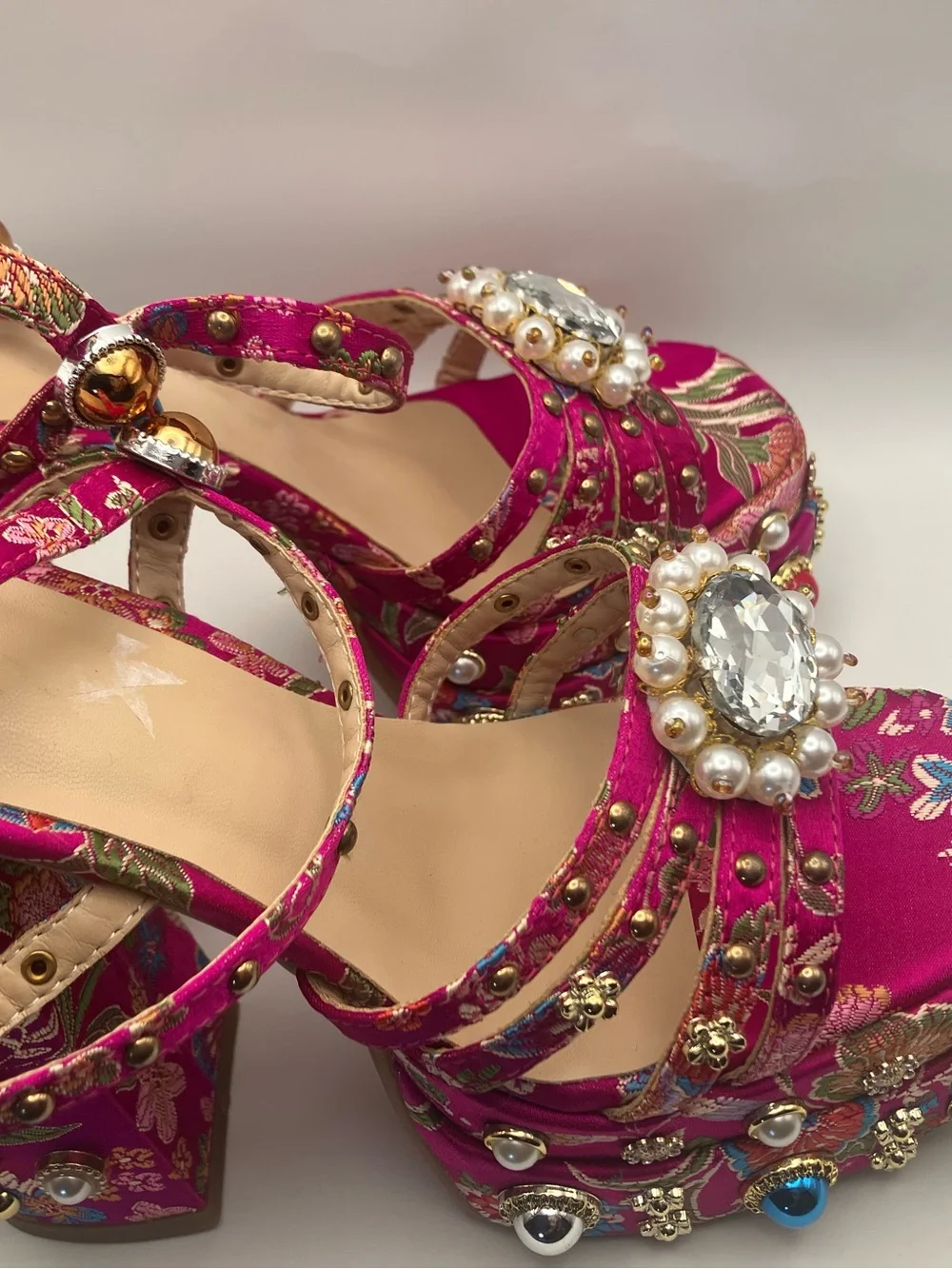 Fuchsia Embellished Platform Sandals with Floral Jacquard